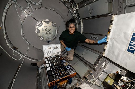 Astronaut Suni Williams installs the European Materials Ageing experiment