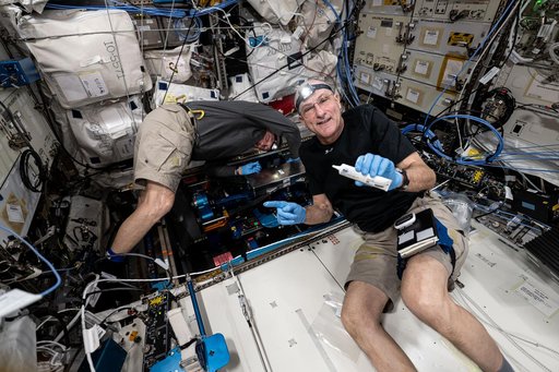 Astronauts Butch Wilmore and Don Pettit install futuristic exercise gear