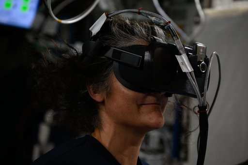 Astronaut Suni Williams wears a virtual reality headset during spacewalk training