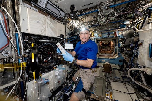 Astronaut Don Pettit swaps samples of materials to observe how they burn in weightlessness