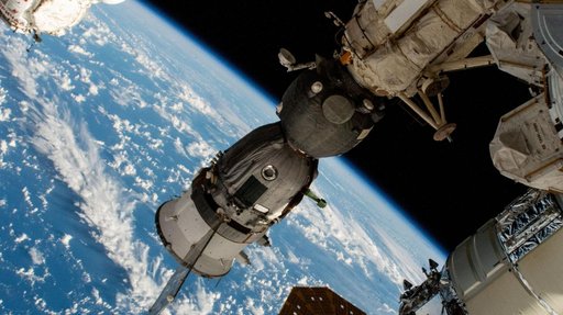 The Soyuz MS-26 crew ship docked to the Rassvet module