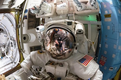 Astronaut Don Pettit's reflection is pictured on the helmet visor of a spacesuit