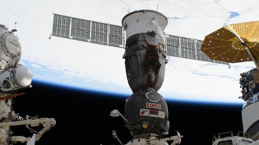 The Soyuz MS-26 crew ship docked to the Rassvet module