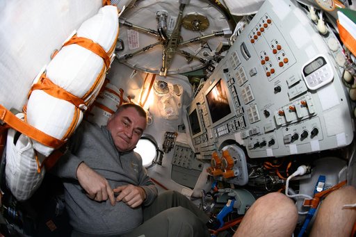 Cosmonaut Alexey Ovchinin is pictured inside the Soyuz MS-26 spacecraft