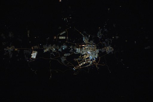Ashgabat, the capital city of Turkmenistan, pictured  at night from the space station