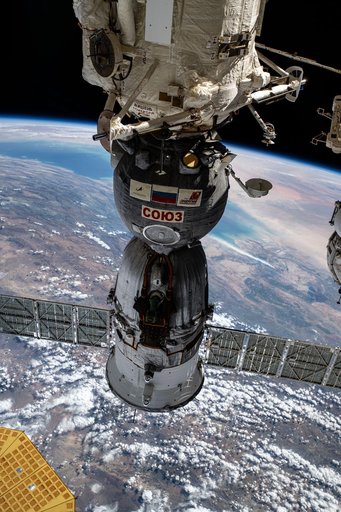 The Soyuz MS-26 spacecraft docked to the Rassvet module