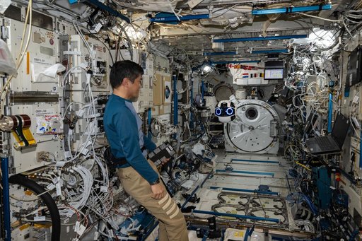Astronaut Takuya Onishi monitors the Japanese Experiment Module Internal Ball Camera 2