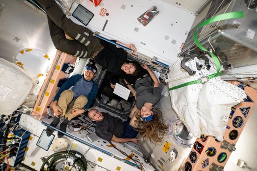 Four Expedition 72 Flight Engineers pose together for a portrait