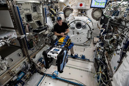Astronaut Don Pettit watches an Astrobee robotic free-flyer grapple a "capture cube"