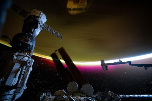 Star trails and Earth's atmospheric glow above the southern Atlantic Ocean