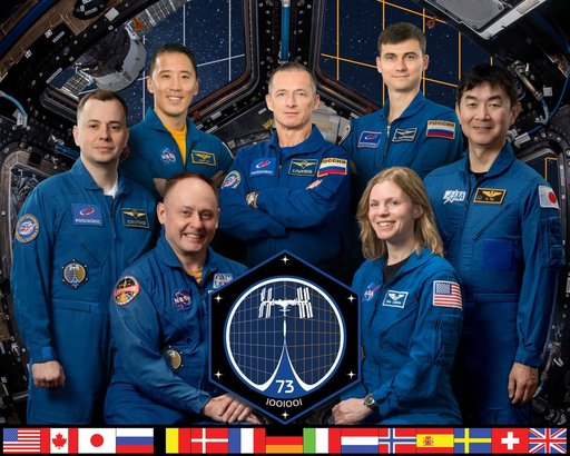 The updated official portrait of the International Space Station's seven-member Expedition 73 crew