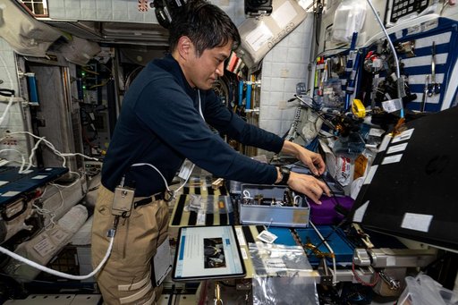 Astronaut Takuya Onishi processes cassettes containing biological fluid samples