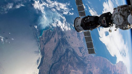 The Soyuz MS-27 spacecraft is pictured docked to the Prichal module