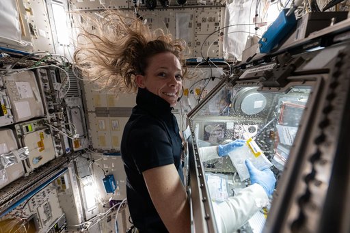 NASA astronaut Nichole Ayers processes bacteria samples for viewing inside a 3D imaging microscope