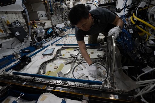 NASA astronaut Jonny Kim removes a cryogenic storage unit containing frozen protein crystal samples