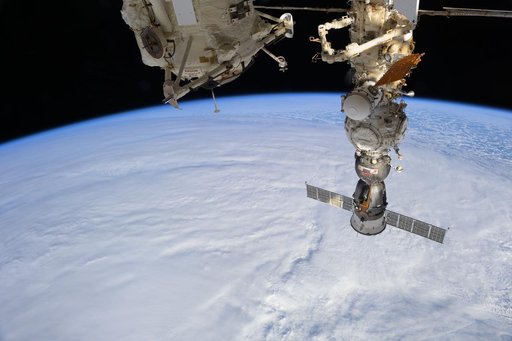 The Soyuz MS-27 crew ship is pictured docked to the Prichal module