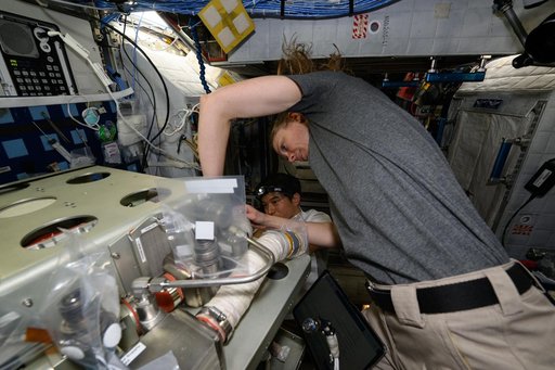Astronauts Takuya Onishi and Nichole Ayers replace components on an experimental carbon dioxide removal device
