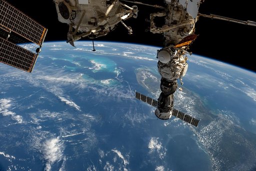 The Soyuz MS-27 spacecraft  docked to the Prichal module above Florida