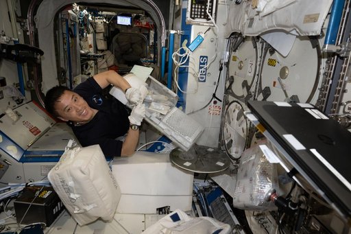 NASA astronaut Jonny Kim stows research samples inside a cryogenic storage unit