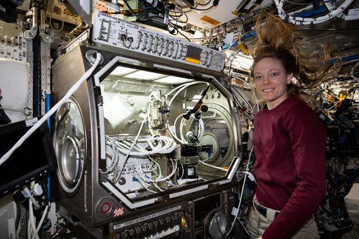 NASA astronaut Nichole Ayers removes physics research hardware inside the Microgravity Science Glovebox