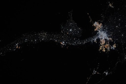 Egypt’s Nile River stretches is pictured at night from the International Space Station