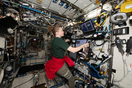 NASA astronaut Zena Cardman operates the robotics workstation for a computerized test