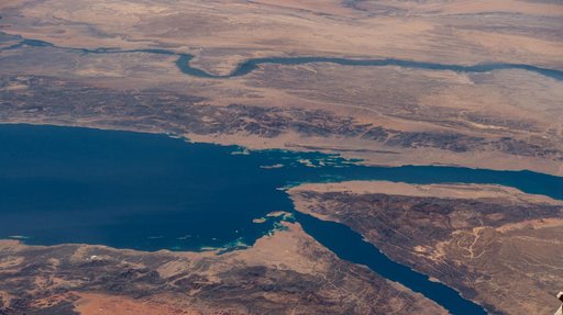 The Nile River, next to the Red Sea, winds through Egypt