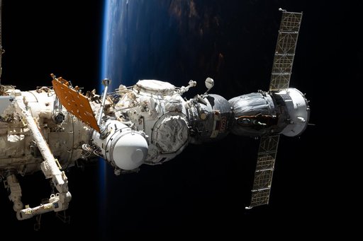 The Soyuz MS-27 spacecraft is docked to the Prichal module