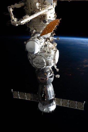 The Soyuz MS-27 spacecraft docked to the Prichal module