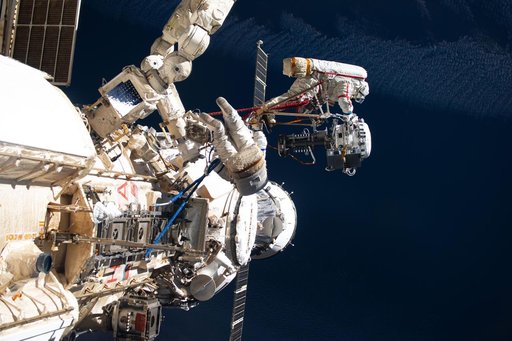 Roscosmos cosmonauts Alexey Zubritsky and Sergey Ryzhikov during a spacewalk