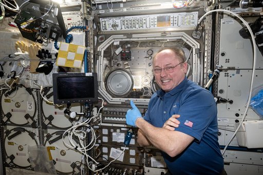 NASA astronaut Mike Fincke gives a thumbs-up in front of the Microgravity Science Glovebox