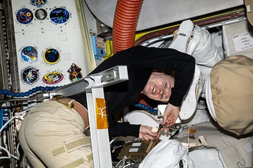 NASA astronaut Zena Cardman performs communications maintenance on a pair of spacesuits
