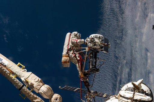 Roscosmos cosmonaut Sergey Ryzhikov during a spacewalk
