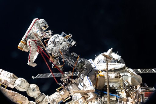 Cosmonauts Alexey Zubritsky and Sergey Ryzhikov are pictured during a spacewalk