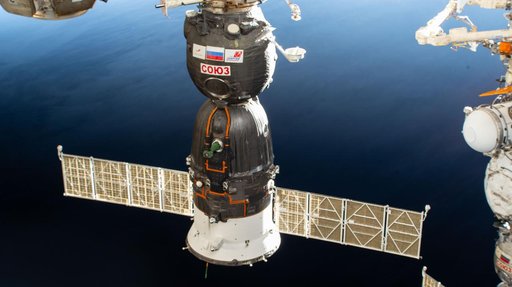 The Soyuz MS-28 crew spacecraft after docking to the International Space Station