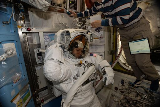 NASA astronaut Zena Cardman is pictured in her pressurized spacesuit