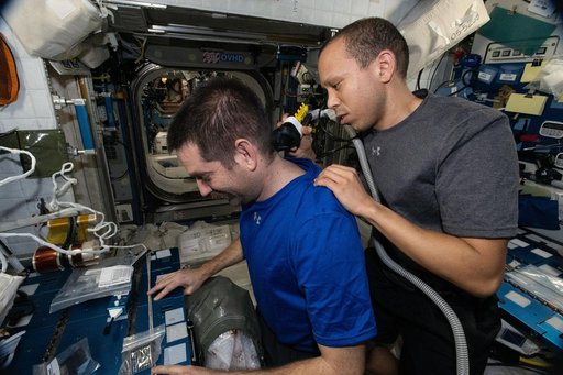 NASA astronaut Chris Williams trims the hair of fellow NASA astronaut Jack Hathaway