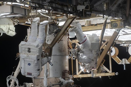 NASA astronauts Chris Williams and Jessica Meir during a spacewalk