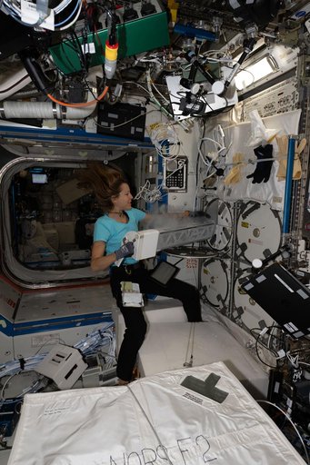 ESA astronaut Sophie Adenot inserts biological research samples into a science freezer