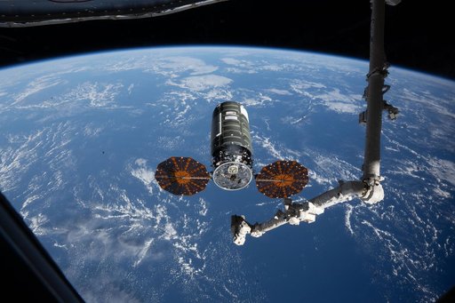 The Cygnus XL cargo spacecraft at its capture point 12 meters from the International Space Station