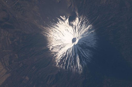 Near-overhead shot of Mount Fuji taken from the International Space Station