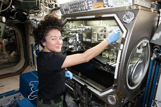 NASA astronaut Jessica Meir configures research gear inside the Microgravity Science Glovebox