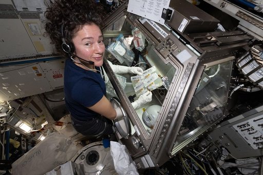 NASA astronaut Jessica Meir prepares blood platelet samples for incubation and growth