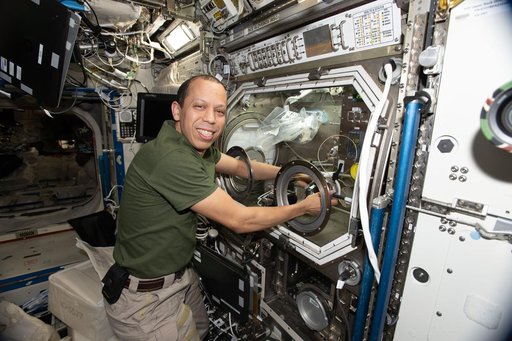 NASA astronaut replaces sample hardware inside the Microgravity Science Glovebox