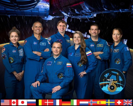 The official portrait of the seven‑member Expedition 75 crew