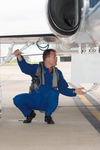 STS-124 crew members as they prepare for their T-38 flight to KSC