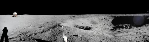 jsc2008e040725 - Panorama view of Apollo 11 Lunar surface photos taken by Astronaut Neil Armstrong at Tranquility Base of a crater Armstrong noted during the Lunar Module descent. The panoramas were built by combining Apollo 11 images starting with frame A