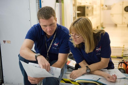 STS-130 crew and Expedition 22 crew member T.J. Creamer during module outfitting training.