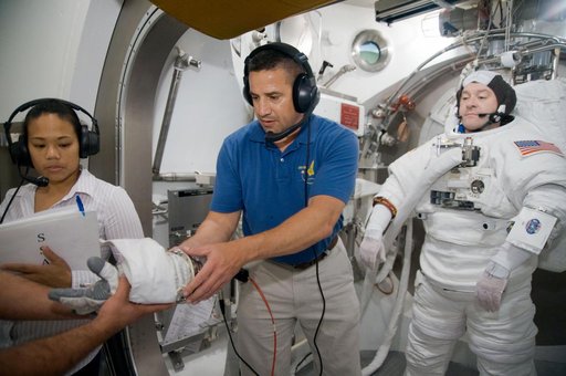 STS-130 astronaut Nick Patrick during dry run for SSATA Crew Training and EMU Verification for STS-130.