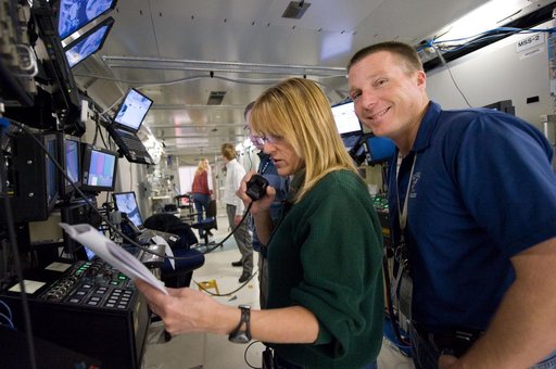STS-130 crew members Kay Hire and Terry Virts training in the ISS Lab